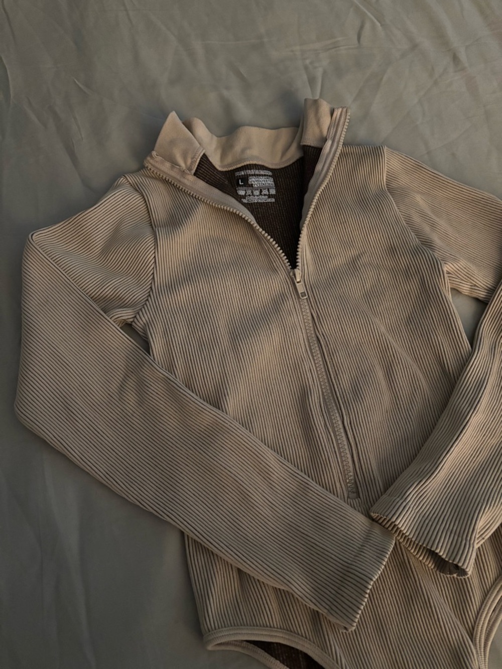 Beige Ribbed Zip-Front Bodysuit